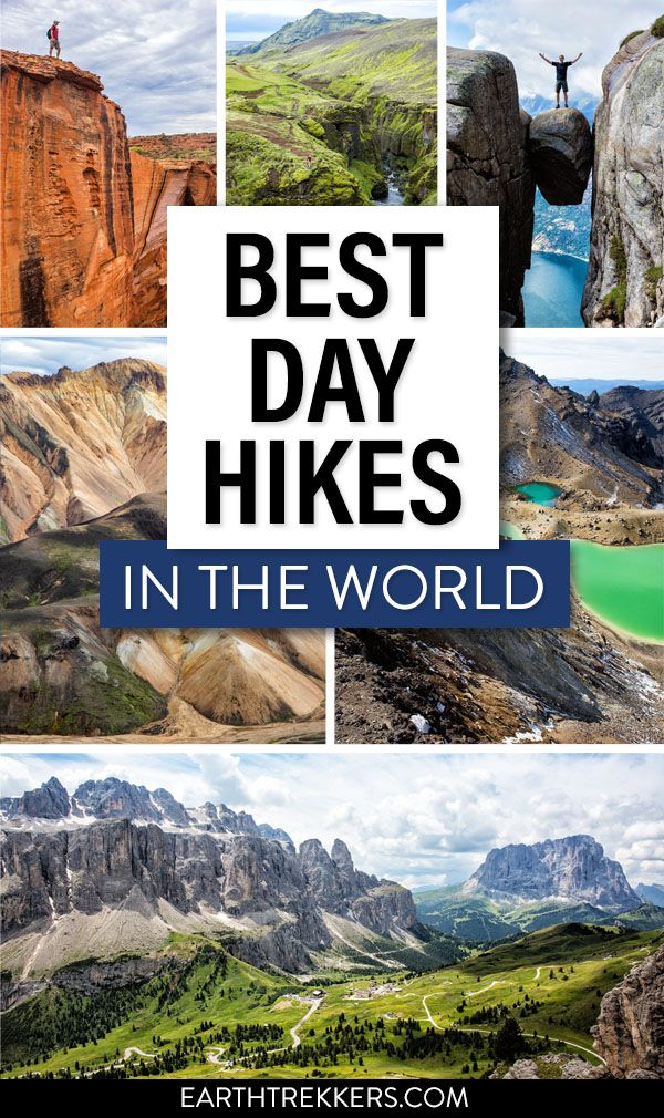Best hikes in the world. 20 day hikes for your bucket list: Kjeragbolten, Trolltunga, Half Dome, Angels Landing, Dolomites, and more.