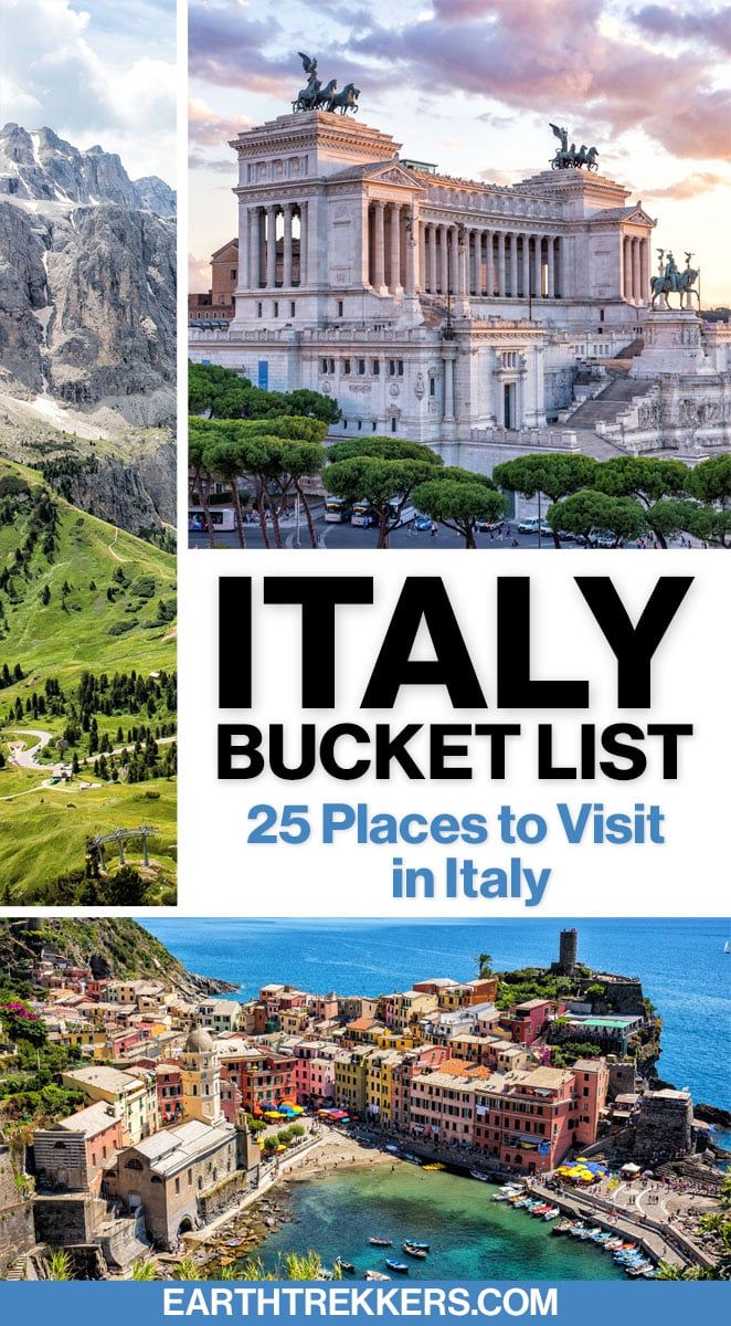 25 of the best places to visit in Italy. Includes Rome, Florence, Venice, Cinque Terre, Dolomites, Milan, and more.